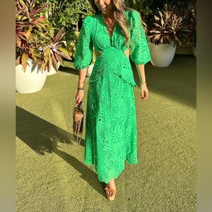 Farm Rio Green Eyelet Midi Dress XS
